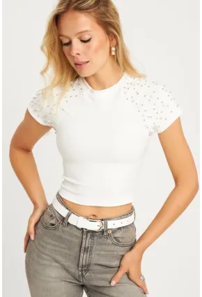 Kadın Beyaz İncili Kısa Bluz HOL2112