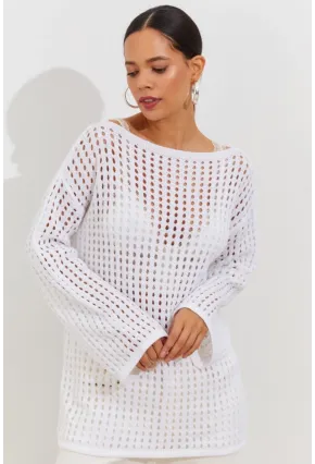 Kadın Beyaz İspanyol Kol Ajurlu Triko Uzun Bluz SMT198