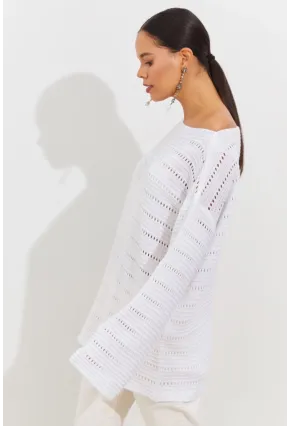 Kadın Beyaz İspanyol Kol Ajurlu Triko Uzun Bluz SMT199