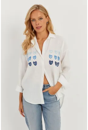 Kadın Beyaz Kalp Nakışlı Gömlek PP5391