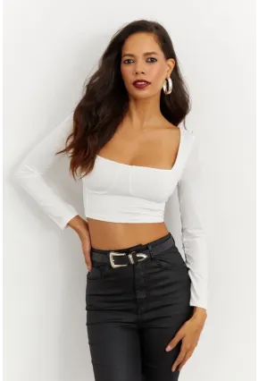 Kadın Beyaz Kare Yaka Crop Bluz CG263