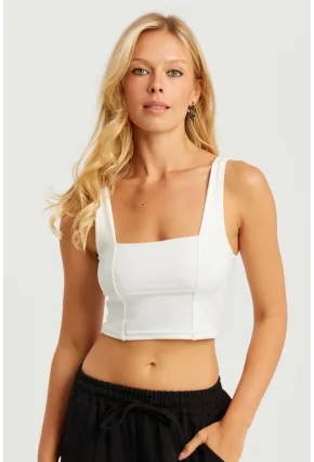 Kadın Beyaz Kare Yaka Crop Bluz CG348