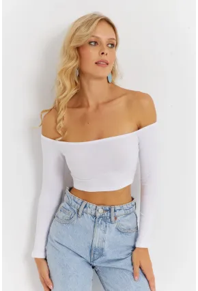 Kadın Beyaz Kare Yaka Crop Bluz CG364