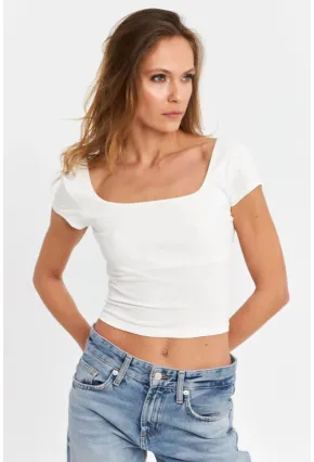 Kadın Beyaz Kare Yaka Crop Bluz SB108