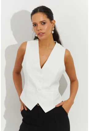 Kadın Beyaz Keten Astarlı Yelek TW60046