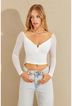 Kadın Beyaz Kolları Tül Crop Bluz CG315