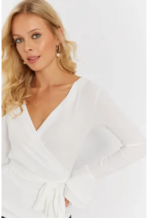 Kadın Beyaz Kruvaze Bürümcük Bluz EY2866