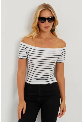 Kadın Beyaz Madonna Yaka Çizgili Kaşkorse Bluz AYD311