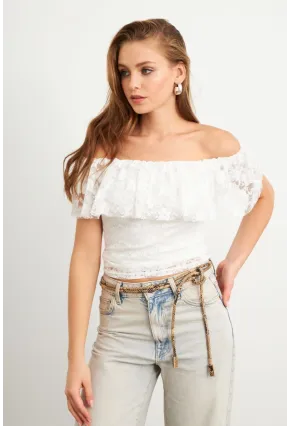 Kadın Beyaz Madonna Yaka Dantel Bluz MTK13549