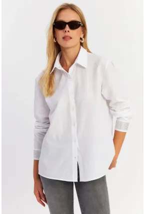 Kadın Beyaz Manşeti Taşlı Gömlek ZER415
