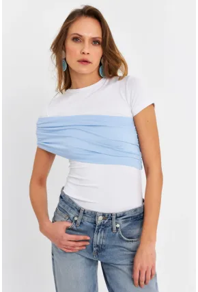 Kadın Beyaz-Mavi Çapraz Bloklu Bluz EY3073