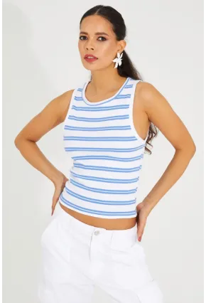 Kadın Beyaz-Mavi Çizgili Kaşkorse Bluz TSC126