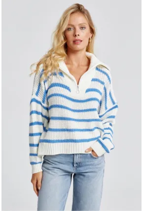 Kadın Beyaz-Mavi Fermuarlı Çizgili Kazak MSS133