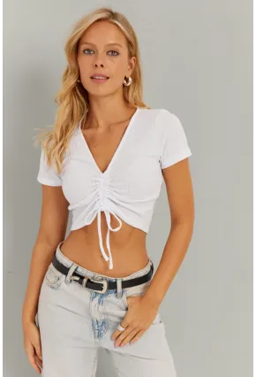 Kadın Beyaz-Mavi İkili Büzgülü Bluz AYD305