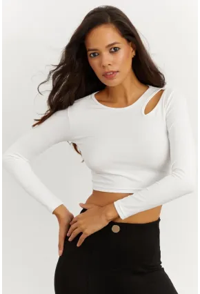 Kadın Beyaz Omuz Pencereli Crop Bluz CG262