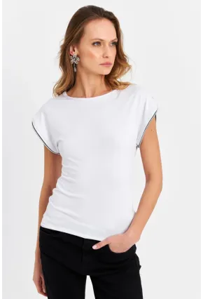Kadın Beyaz Omuzları Fermuarlı Bluz EY3062