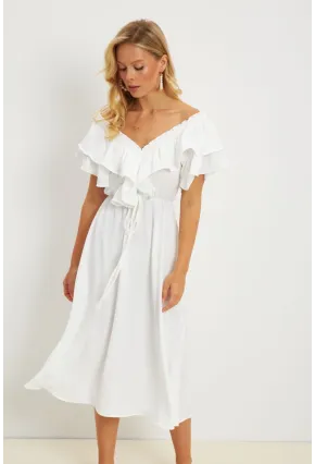 Kadın Beyaz Ön Arka V Volanlı Elbise KS113