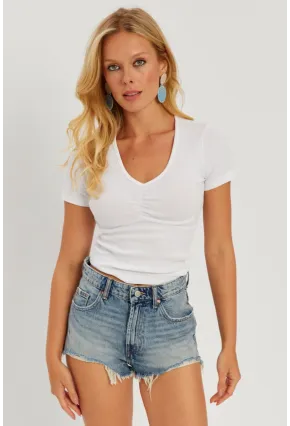 Kadın Beyaz Önü Büzgülü V Yaka Bluz AYD309