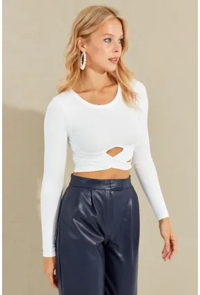 Kadın Beyaz Önü Çapraz Crop Bluz CY435