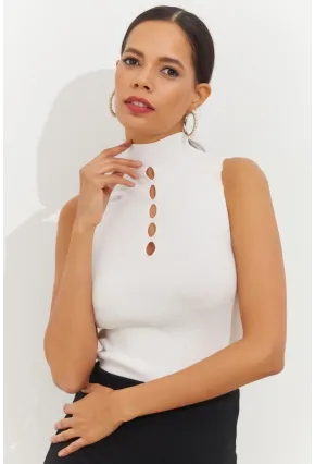 Kadın Beyaz Önü Damla Kolsuz Triko Bluz YV112