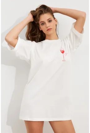 Kadın Beyaz Oversize Pijama T-Shirt TPG14