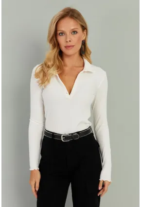 Kadın Beyaz Polo Yaka Fitilli Bluz TH1104