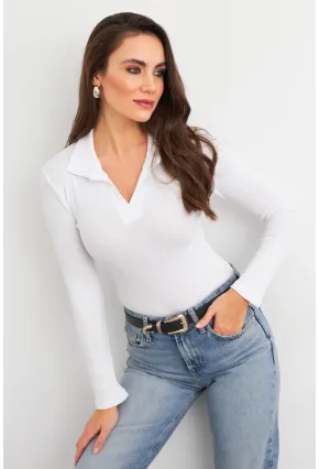 Kadın Beyaz Polo Yaka Kaşkorse Bluz LON3006
