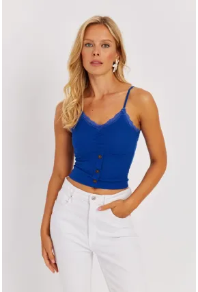 Kadın Beyaz-Saks Askılı Dantelli Bluz MK07