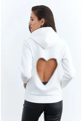Kadın Beyaz Sırt Dekolteli Taşlı Sweatshirt BTH15
