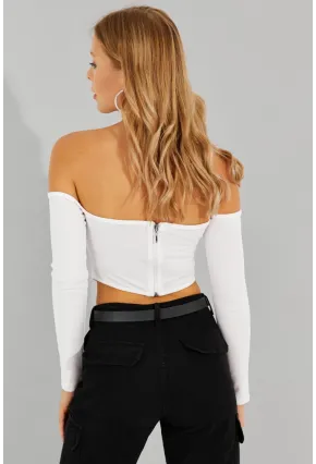 Kadın Beyaz Sırt Fermuarlı Crop Bluz CG312