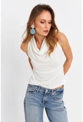 Kadın Beyaz Sırt Pencereli Desenli Bluz LPP1021