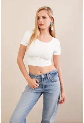 Kadın Beyaz Sırtı Açık Crop Bluz AN6038