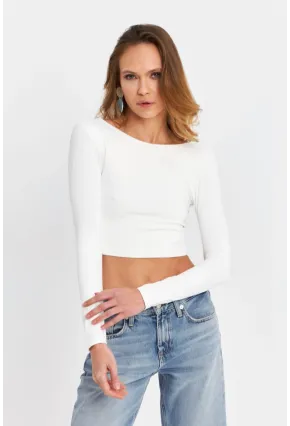 Kadın Beyaz Sırtı Açık Crop Bluz EV21
