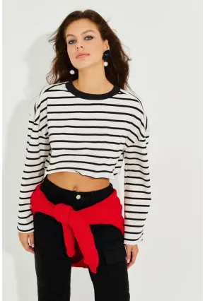 Kadın Beyaz-Siyah Çizgili Crop Sweatshirt EZG501