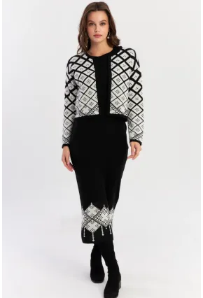 Kadın Beyaz-Siyah Desenli İkili Triko Takım NUV42