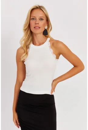 Kadın Beyaz-Siyah Halter Yaka Dantelli Bluz MK08
