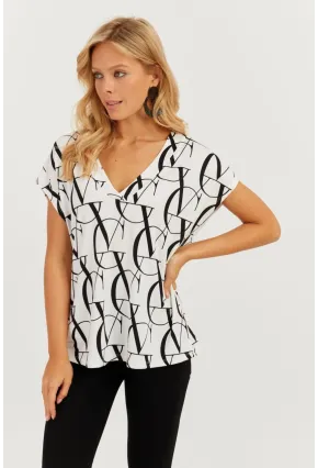 Kadın Beyaz-Siyah V Yaka Desenli Bluz AYD293