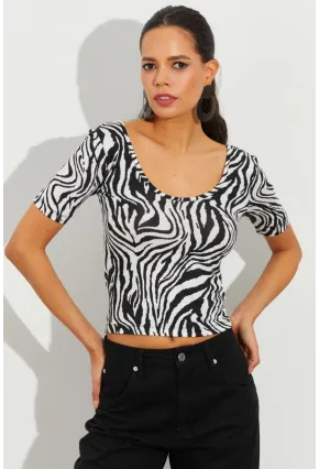Kadın Beyaz-Siyah Zebra Desenli Bluz LPP1224