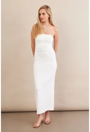 Kadın Beyaz Straplez Büzgülü Midi Elbise MX2005