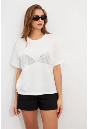 Kadın Beyaz Straslı Oversize T-Shirt TPG13