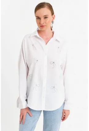Kadın Beyaz Taşlı Gömlek MZER426