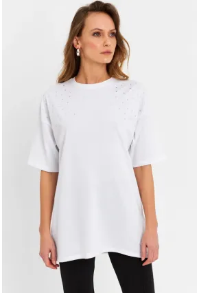 Kadın Beyaz Taşlı Salaş T-Shirt MTF0002