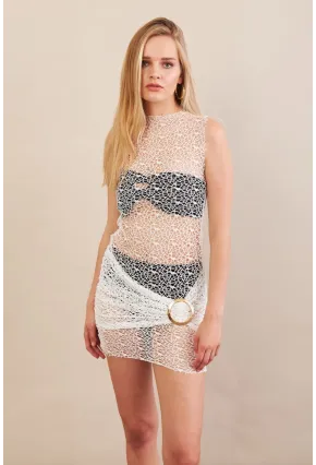 Kadın Beyaz Tokalı Mini Dantel Plaj Elbisesi