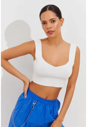 Kadın Beyaz Triko Crop Atlet YV118