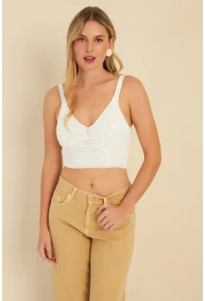 Kadın Beyaz Triko Crop Bluz KZ2507