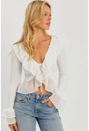 Kadın Beyaz Tül Detaylı Fırfırlı Hırka AYD313