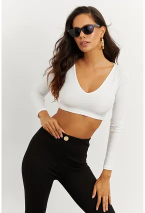 Kadın Beyaz V Yaka Crop Bluz CG265