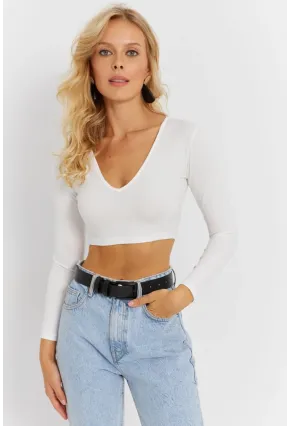 Kadın Beyaz V Yaka Crop Bluz CG368
