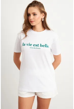 Kadın Beyaz-Yeşil Baskılı Pijama T-Shirt AYD411