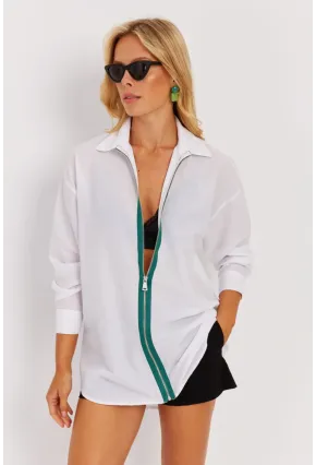 Kadın Beyaz Yeşil Fermuarlı Uzun Gömlek SF1317